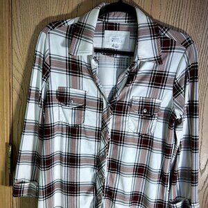 Market & Spruce Balsman Womens Plaid Button Down 3/4 Sleeve Knit Top Size Medium